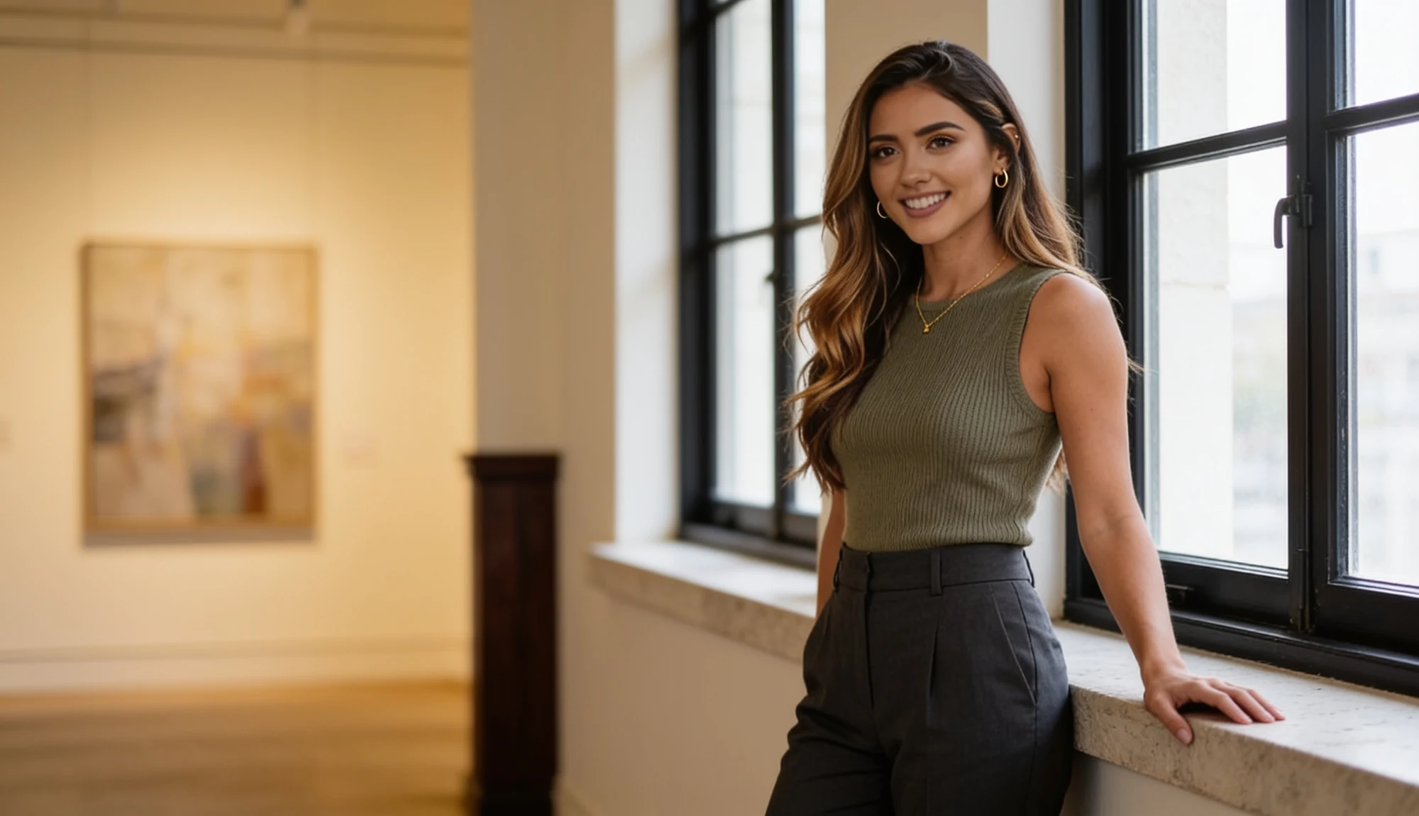Catalina in a sage knit top beside a gallery window in soft daylight
