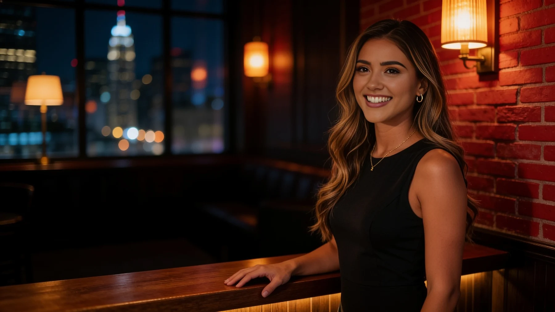 Catalina smiling in a black evening top in a warmly lit urban lounge